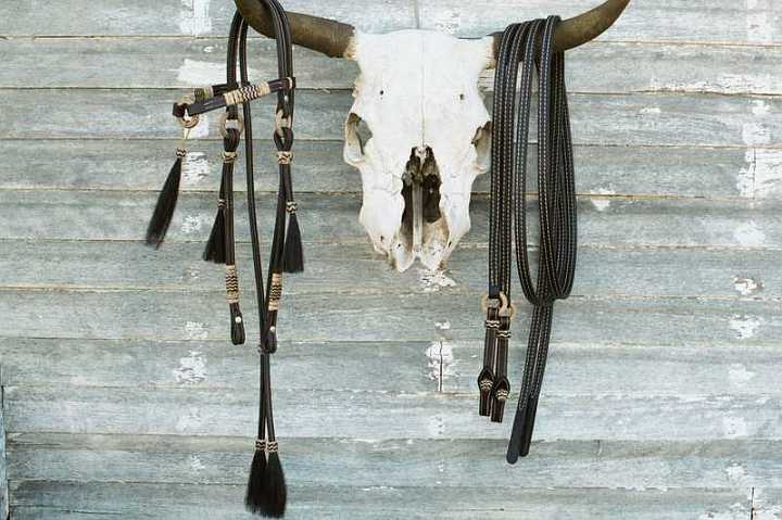 020_17-1.jpg - Stunning cusotm Bridle and reins set. Featuring rawhide braided rings and braided knots.